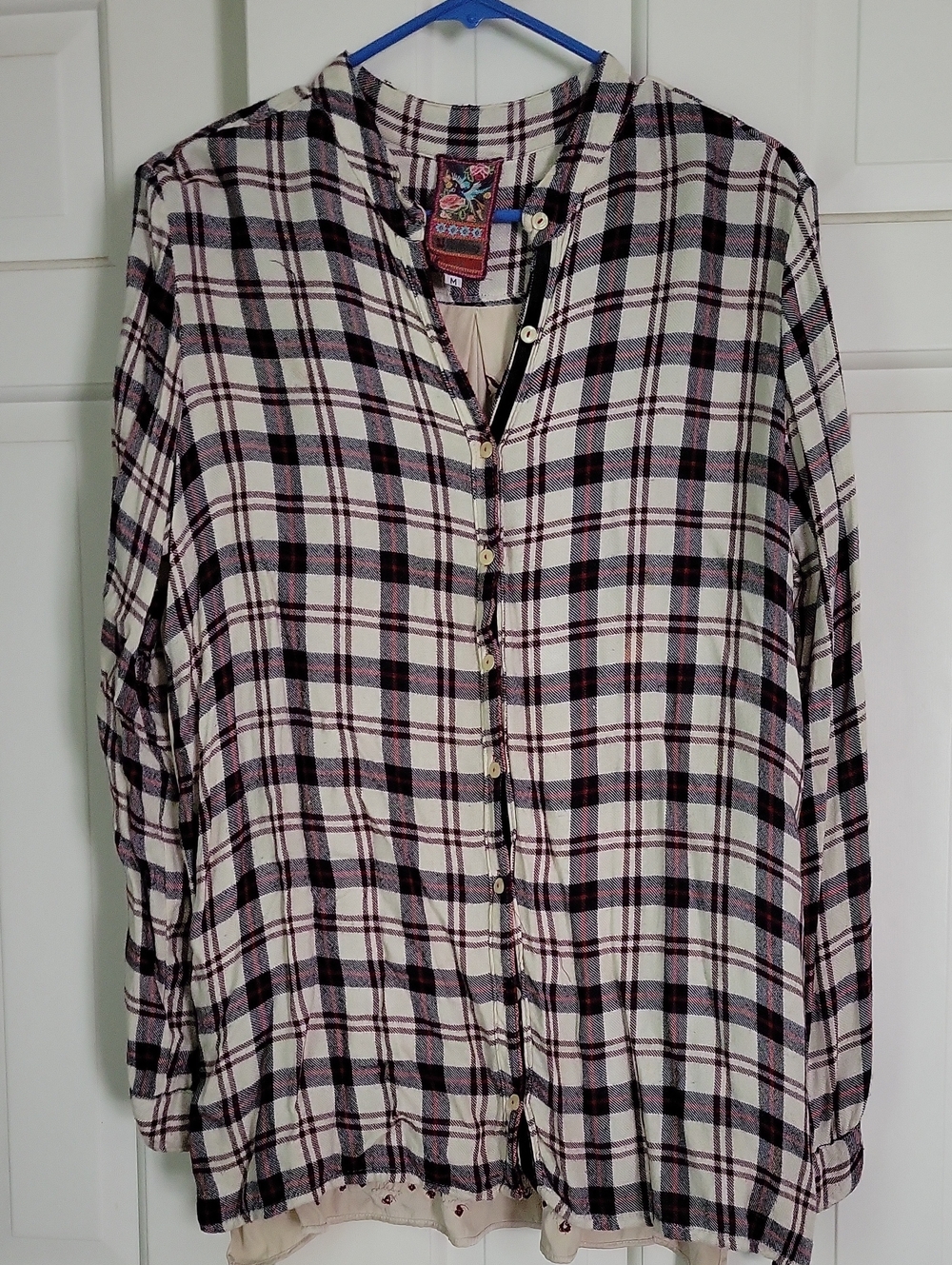 Johnny Was Cream and Black Plaid Button-Front Floral Embroidery Shirt Sz M